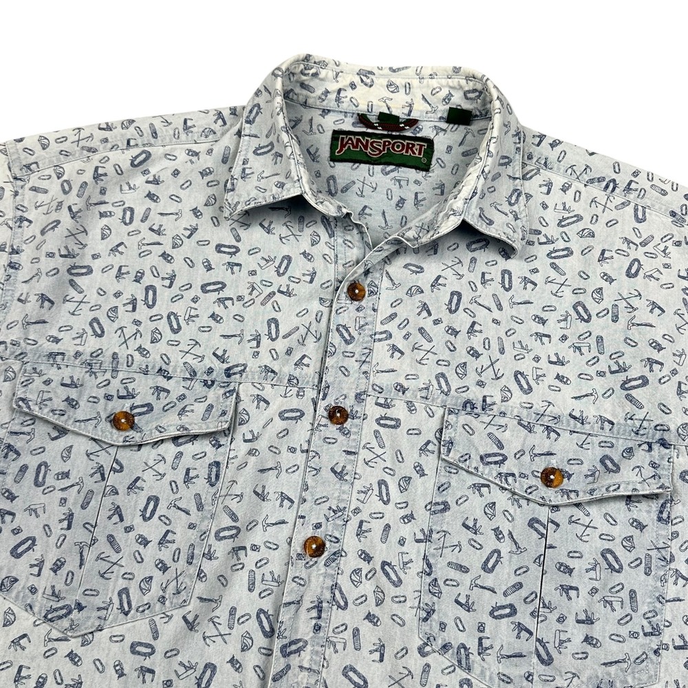 Jansport Shirt Mens Large‎ Blue Button Up Short Sleeve Outdoor Climbing Print